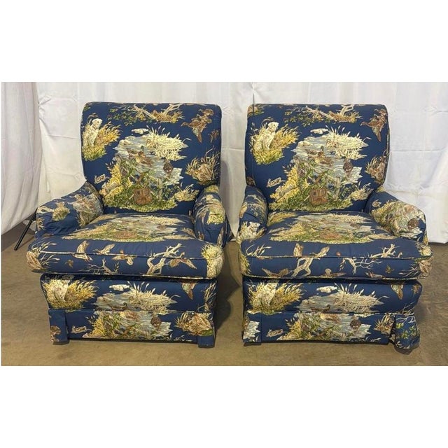 Blue Vintage Bench-Made 3-Piece Living Room Set in Schumacher "Dog & Duck" Indigo Linen – Sofa & 2 Matching Chairs For Sale - Image 8 of 18