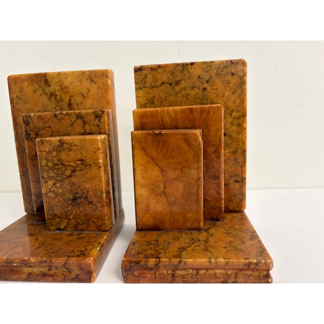 Vintage Italian Alabaster Bookends – Art Deco Style Brown Veined Stone Pair For Sale - Image 4 of 14
