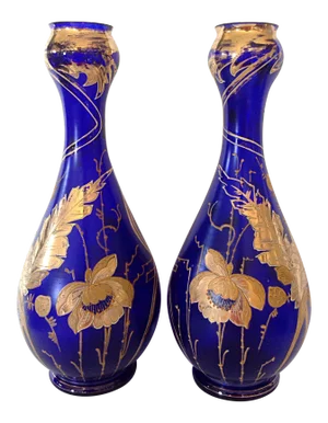 Signed Moser Cobalt Art Nouveau Vases - Pair