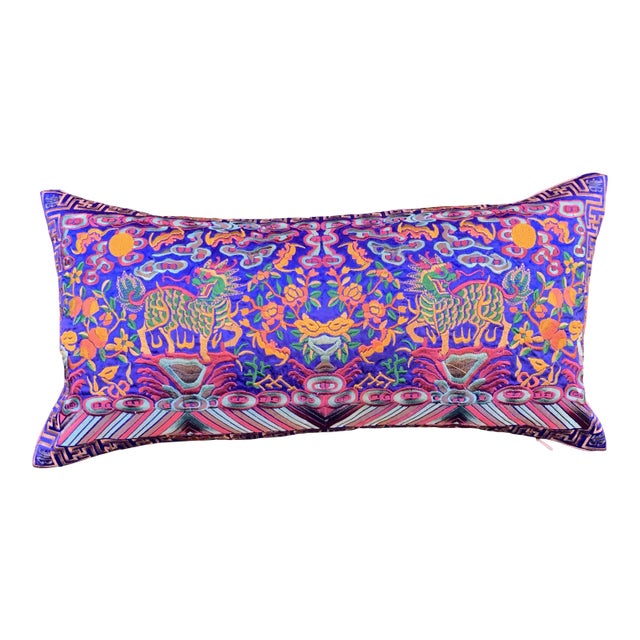 Hollywood Regency Royal Blue & Gold Silk Embroidered Foo Dogs Chinoiserie Boudoir Lumbar Pillow For Sale