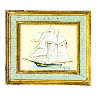 Original Hand-Painted Sailboat Painting in a Vintage Italian Frame For Sale