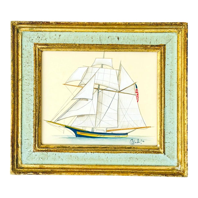 Original Hand-Painted Sailboat Painting in a Vintage Italian Frame For Sale