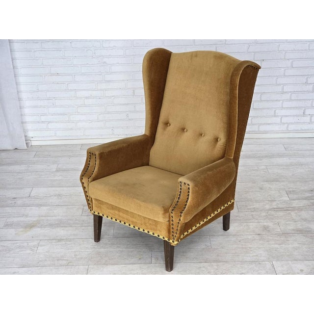 Danish High Back Armchair in Furniture Velour and Oak Wood Legs, 1970s For Sale - Image 15 of 16