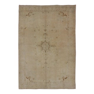 Vintage Turkish Oushak Rug in Faded Taupe and Ivory With Subtle Medallion 5'1 X 7'9 For Sale