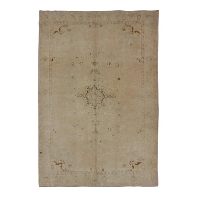 Vintage Turkish Oushak Rug in Faded Taupe and Ivory With Subtle Medallion 5'1 X 7'9 For Sale