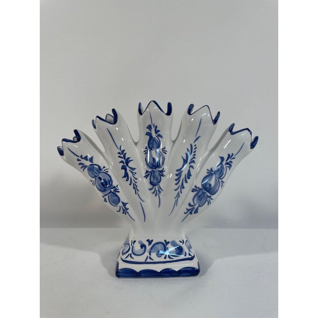 Vintage Blue and White Ceramic Five Finger Tulip Vase, Tulipiere For Sale - Image 6 of 14