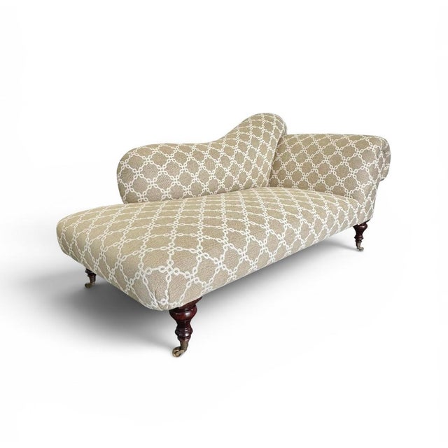 George Smith Elphinstone Chaise in tan colored geometric patterned textured cotton blend fabric on turned legs with brass...