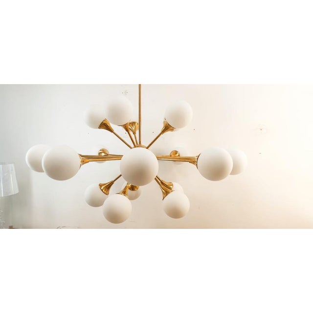 Sputnik Chandelier in Brass with Spherical Glass Shades For Sale - Image 14 of 18