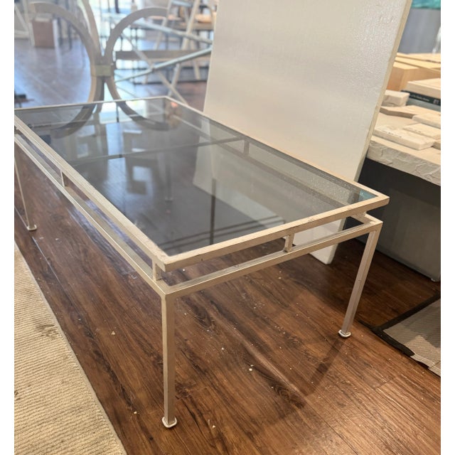 Transitional Upperline Silver Leafed Iron and Glass Coffee Table For Sale - Image 3 of 5