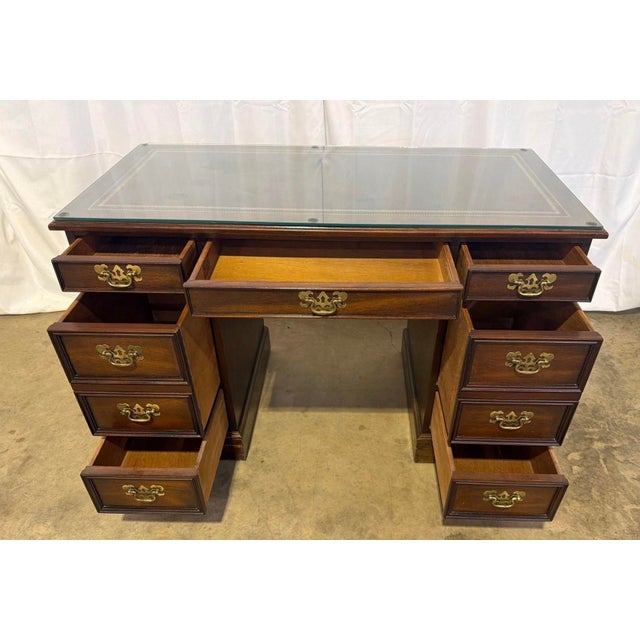 Vintage Sligh Furniture Chippendale Mahogany and Tooled Leather Top Partners Desk With Glass For Sale - Image 13 of 18