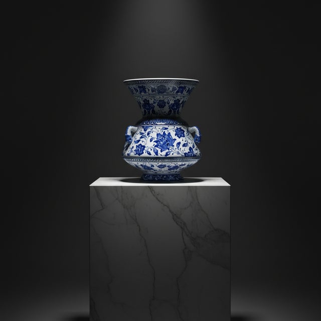 Handmade Ceramic “Kandil” Vase (30cm) Authentic Ottoman Oil Lamp with Triple Handles – Blue & White Urn Centerpiece For Sale - Image 10 of 10