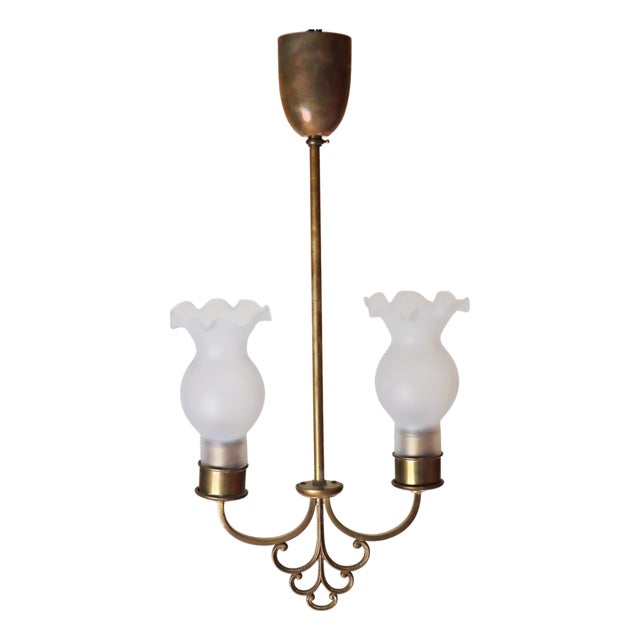 Art Nouveau Brass and Glass Hanging Lamp, 1920s For Sale