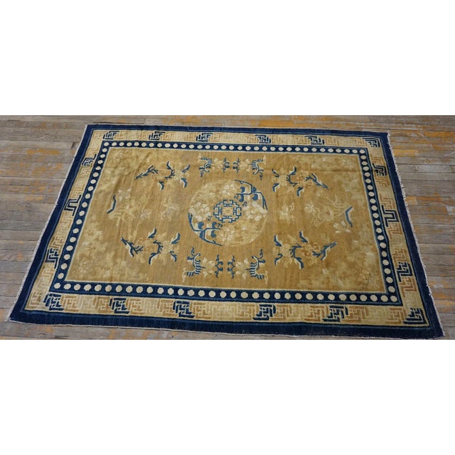 Chinese 1800s Yellow Gold Medallion Antique Chinese Ningxia Carpet 4'10" X 6'10" Knotted Pile Wool Rug For Sale - Image 3 of 10