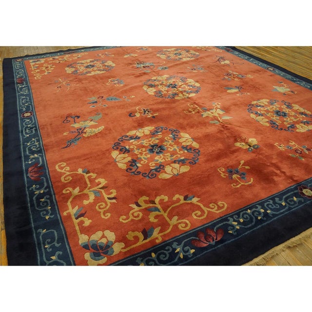 1920s Burnt Orange Field Floral Deco Oriental Antique Chinese Peking Knotted Rug For Sale - Image 4 of 10