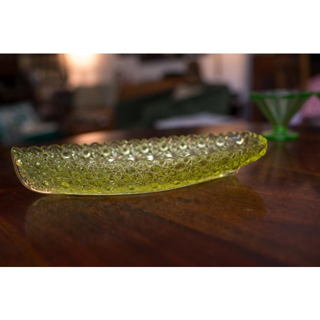Art Deco 1884 Early American Pattern Glass Uranium Vaseline Glass Hobbs Brockunier C. Yacht Pickle or Relish Daisy and Button Scalloped Edges For Sale - Image 3 of 9
