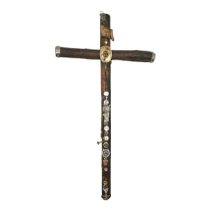 Vintage Large Wood Logs Cross With Metal and Glass Decorations