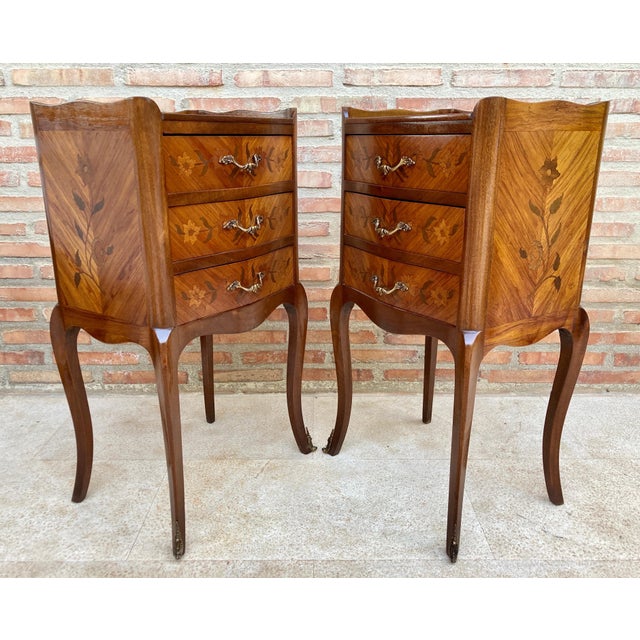 Pair of French Louis XV Revival Inlaid Bedside Tables with Three Drawers, 1940s For Sale - Image 6 of 11