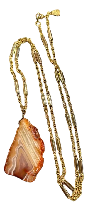 Late 20th Century Signed Yochi New York Natural Agate Slab Gold Tone Necklace