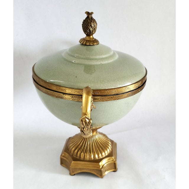 Late 20th Century Footed Bowl or Urn Celadon Green & Brass Candy Dish For Sale - Image 5 of 12
