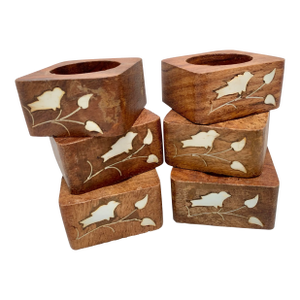 Vintage Carved Wood Mother of Pearl Napkin Rings, Set of Six