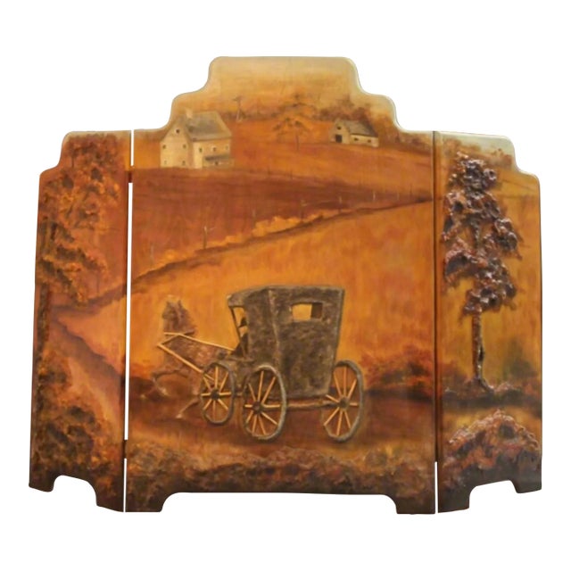 Antique 3 Panel Fireplace Screen | 19th Century Country Scene For Sale