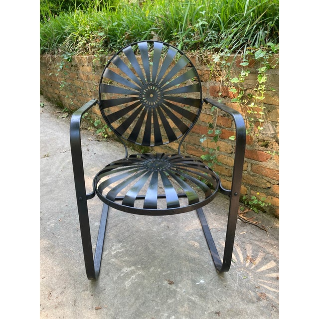 pair of francois carre cantilever garden rocking chair,in semi-gloss black c.1930’s French art deco wrought iron & spring...