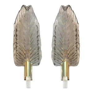Set of Two Mid-Century Modern Gray Leaf Murano Glass Wall Sconce