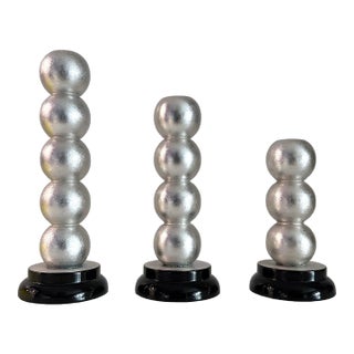 Postmodern Silver Leaf and Lacquered Stacked Sphere Candle Holders - S/3 For Sale
