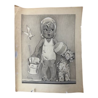 1940s Original Schrock Signed Graphite Illustration of Child With Beach Ball, Dog and Sand Pail, 13.5 × 10.75 In. For Sale