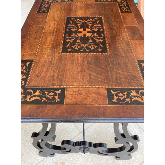 Spanish Early 19th Century Baroque Side Table with Lyre Legs and Marquetry Top For Sale - Image 9 of 18
