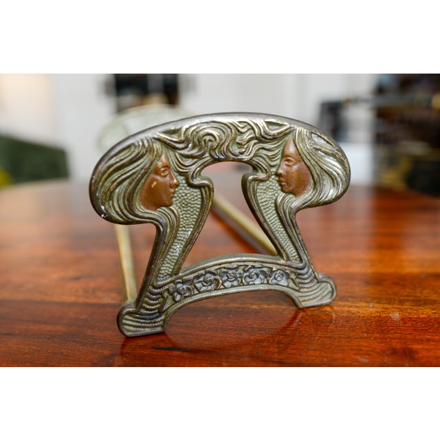 Art Nouveau Brass Bookends Book Rack Adjustable Length Telescoping Judd Co. Twin Maidens For Sale - Image 9 of 10