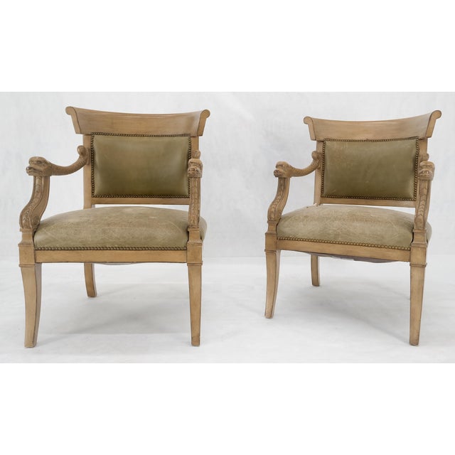 Carved Dolphins Shape Arms Rounded Back Lounge Chairs Leather Upholstery AS IS For Sale - Image 17 of 18