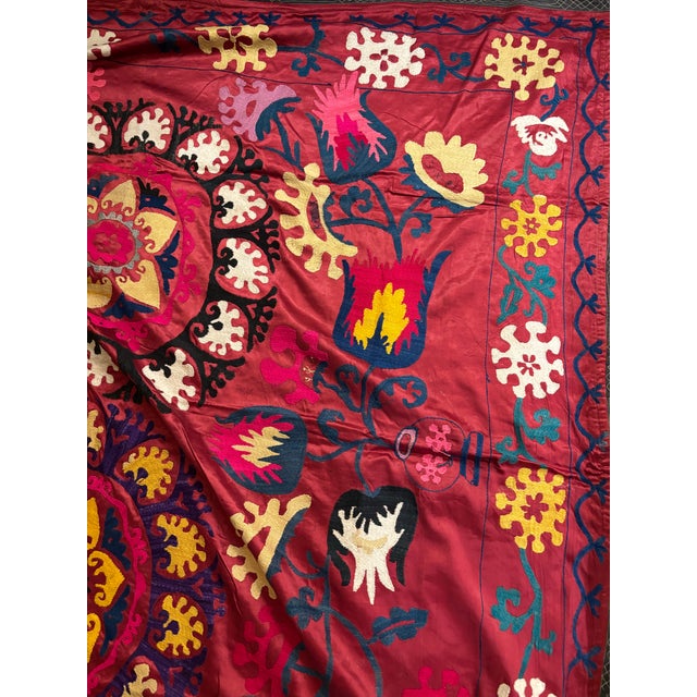 Vintage Uzbek Suzani Silk Embroidered Tapestry, Circa 1960s–1970s, Large 74” X 74” Central Asian Wall Hanging [Af] For Sale In Seattle - Image 6 of 10