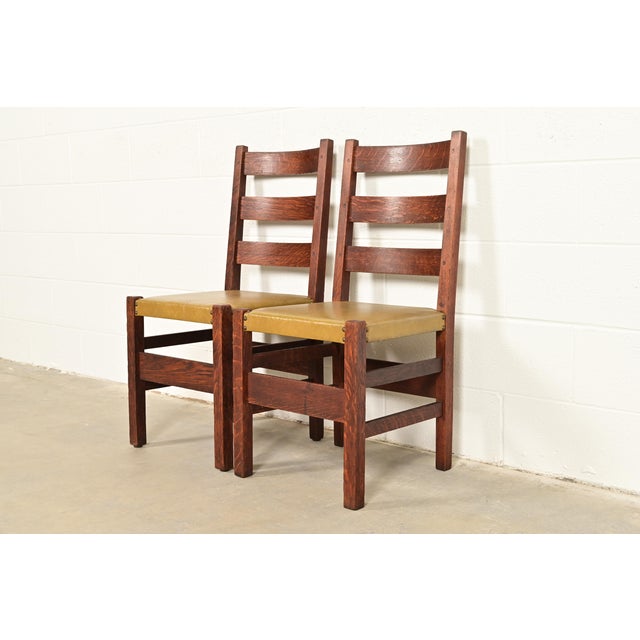 Mission Gustav Stickley Antique Mission Oak Arts & Crafts Ladder Back Dining Chairs, Pair For Sale - Image 3 of 10