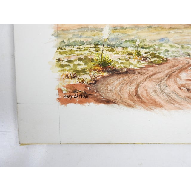 Vintage late 20th century watercolor on artist board painting of desert mountain landscape by Mary Oatman (20th century)...