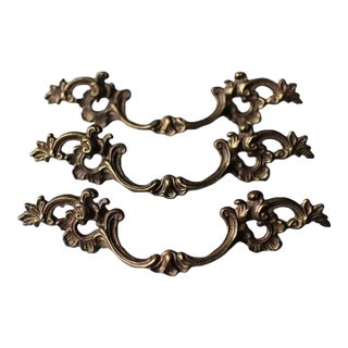 Vintage French Provincial Antiqued Brass Ornate Bail Pulls - Sets of 3 For Sale