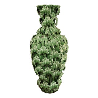 Green Vase with Leaf Decoration from Manises, 1950s For Sale
