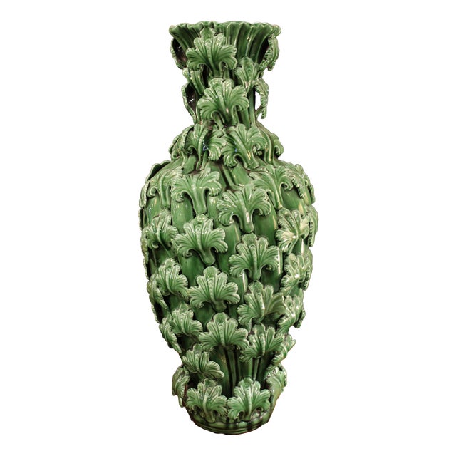 Green Vase with Leaf Decoration from Manises, 1950s For Sale