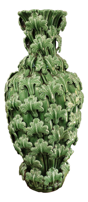 Green Vase with Leaf Decoration from Manises, 1950s