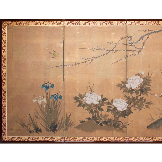 Beautiful Japanese painted 4-panel byobu (folding screen) "Plum Blossom, Peony, Iris". Signed and sealed by artist....