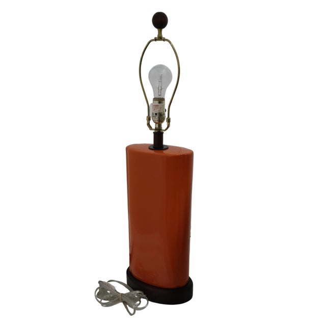 Late 20th Century Late 20th Century Robert Abbey Orange Ceramic Table Lamp With Wooden Base and Finial For Sale - Image 5 of 11