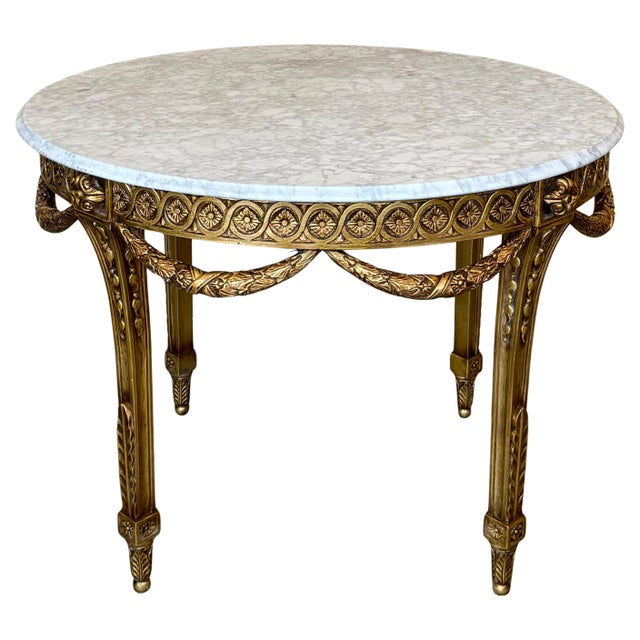 Gold Late 19th Century French Louis XVI Style Belle Époque Oval Giltwood Carved Marble-Top Center Table For Sale - Image 8 of 18