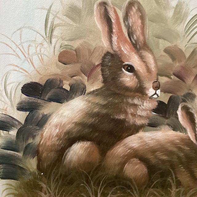 Mid 20th Century Vintage Cutrona Wildlife Canvas Painting of Bunnies Artist Signed Framed For Sale - Image 4 of 12