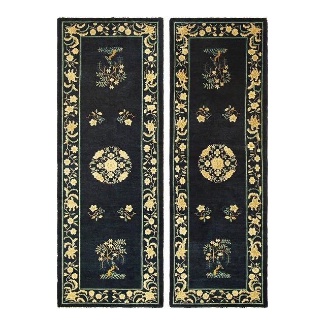 1920s Antique Blue Medallion Deco Peking Chinese Wool Hallway Runner Rug For Sale