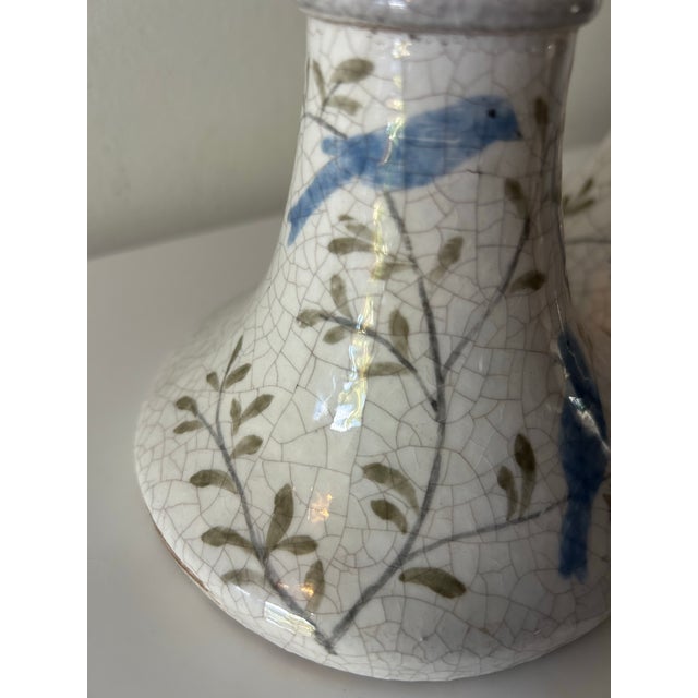 Contemporary 1990s Pair of Hand Painted Terracotta Candlesticks-Birds & Branches Motif For Sale - Image 3 of 10