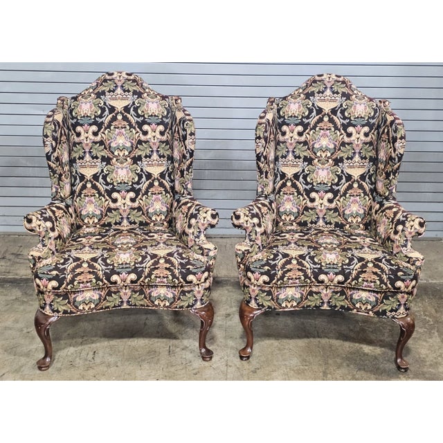 Queen Anne Late 20th Century Pair Southwood Mahogany Philadelphia Style Wing Chairs Needlepoint Fabric For Sale - Image 3 of 11