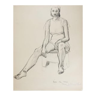 Vintage 1950 Charcoal Portrait Drawing of Woman For Sale