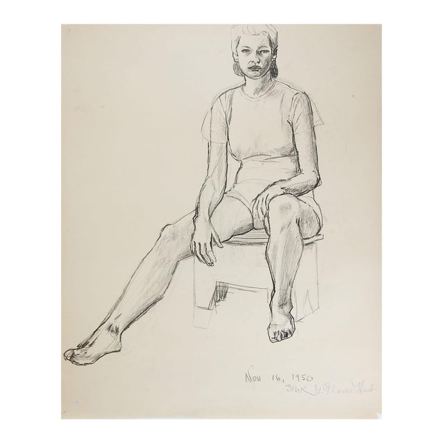 Vintage 1950 Charcoal Portrait Drawing of Woman For Sale