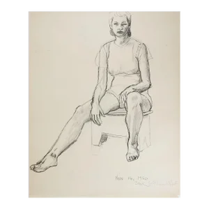 Vintage 1950 Charcoal Portrait Drawing of Woman