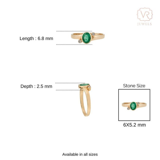 14k Yellow Gold Oval Natural Emerald & Diamond Bezel-Set Ring Size 6.5 for Women For Sale - Image 9 of 13